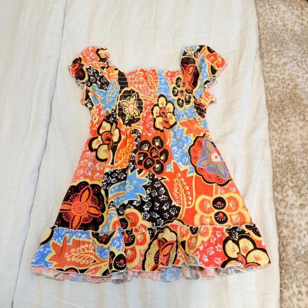 Lovebird Girls Floral Paisley Smocked Top Orange Blue Boho Ruffle Blouse L 14/16 - Picture 4 of 5
